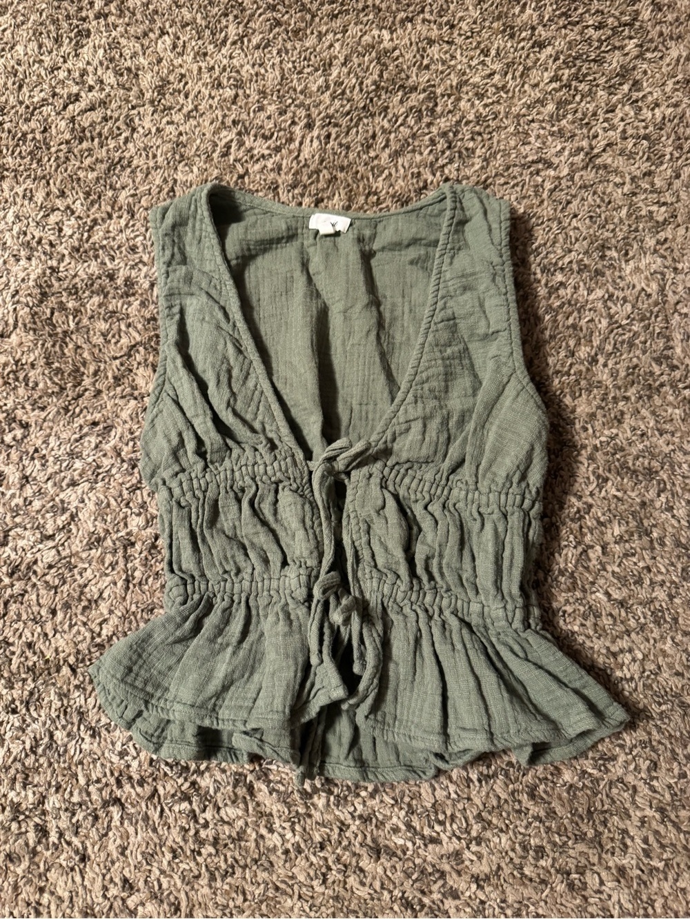 aerie Olive Green Tie-Front Textured Peplum Tank